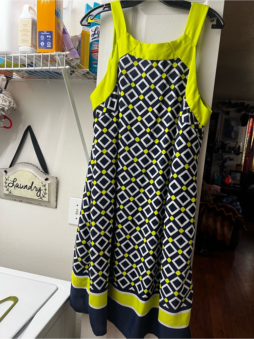 madison leigh Navy and Lime Green Geometric A-Line Dress